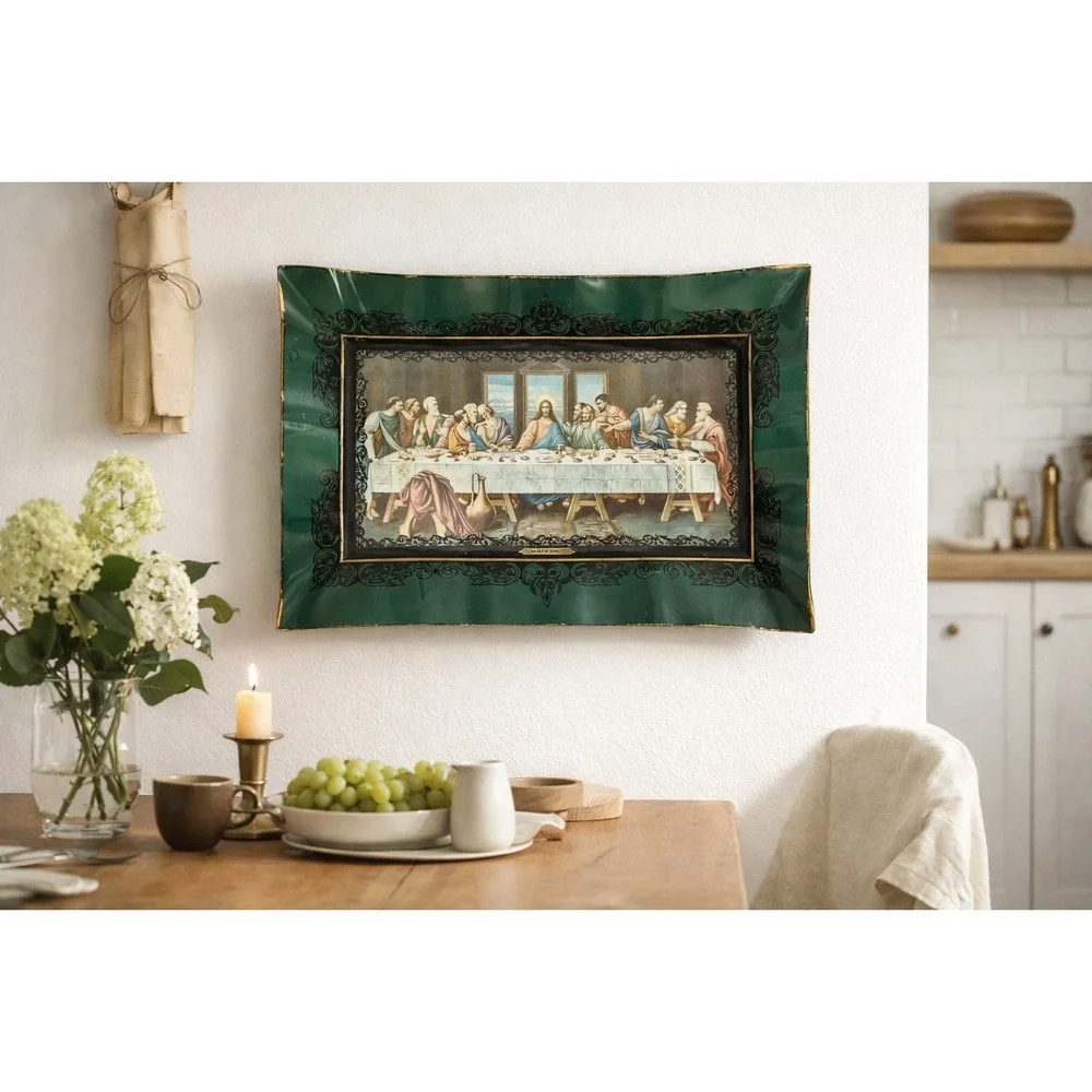 Vintage Last Supper‎ Serving Tray Wall Hanging 19x13 Green Gold MCM Decor